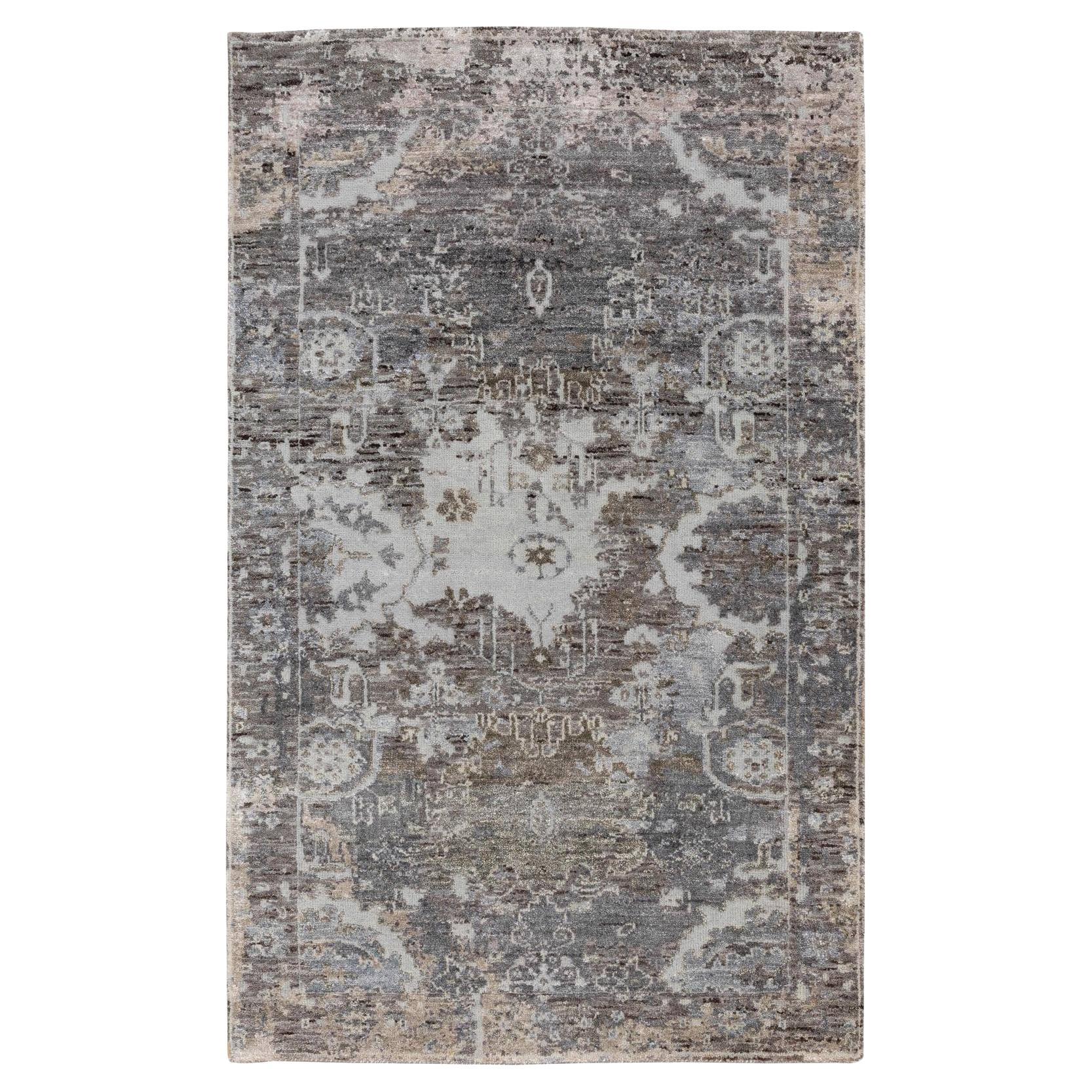 3'x4'10" Gray Erased Design Wool And Silk Hand Knotted Oriental Modern Rug For Sale