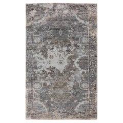3'x4'10" Gray Erased Design Wool And Silk Hand Knotted Oriental Modern Rug