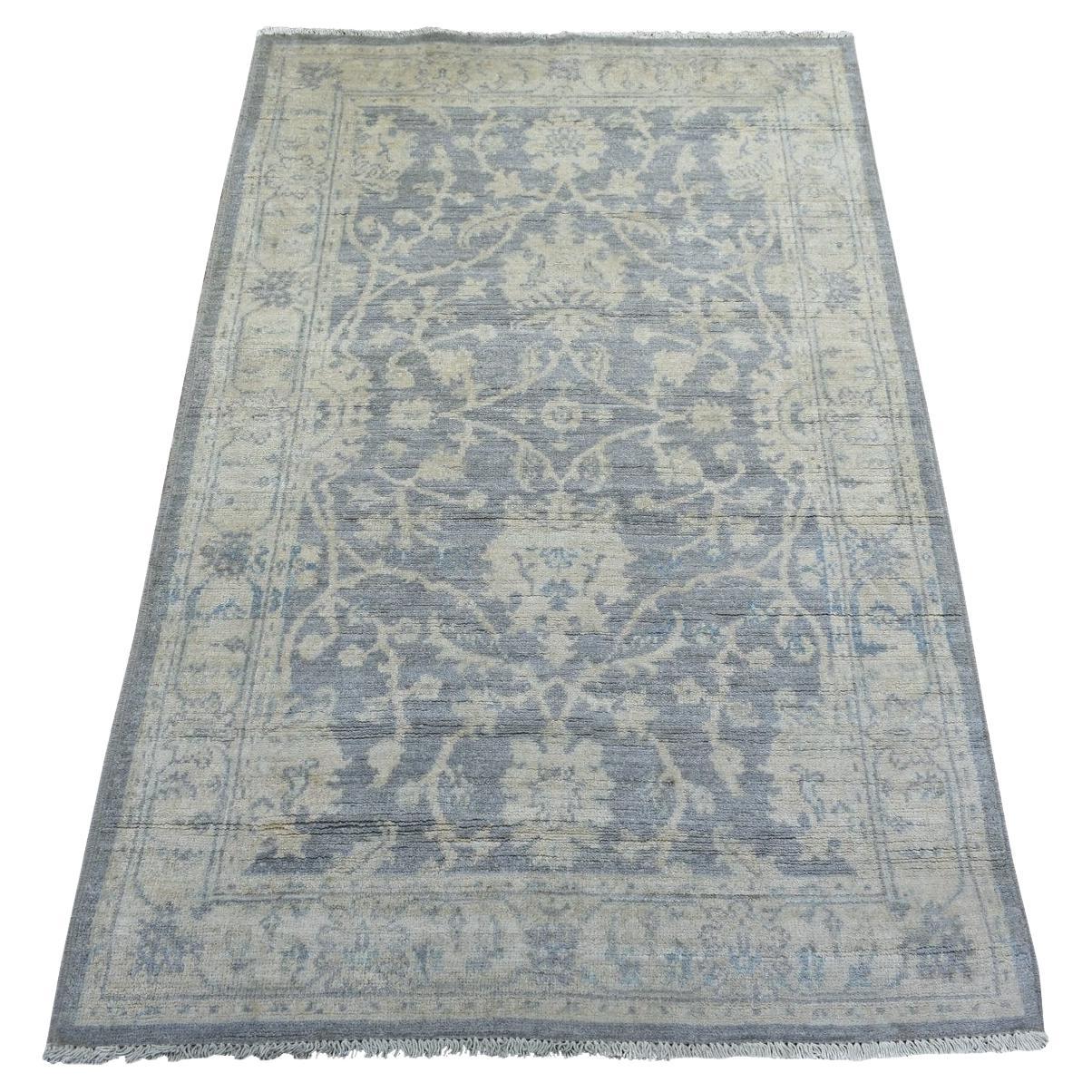 3'x4'10" Gray Pure Wool Natural Dyes Hand Knotted Stone Wash Peshawar Rug For Sale