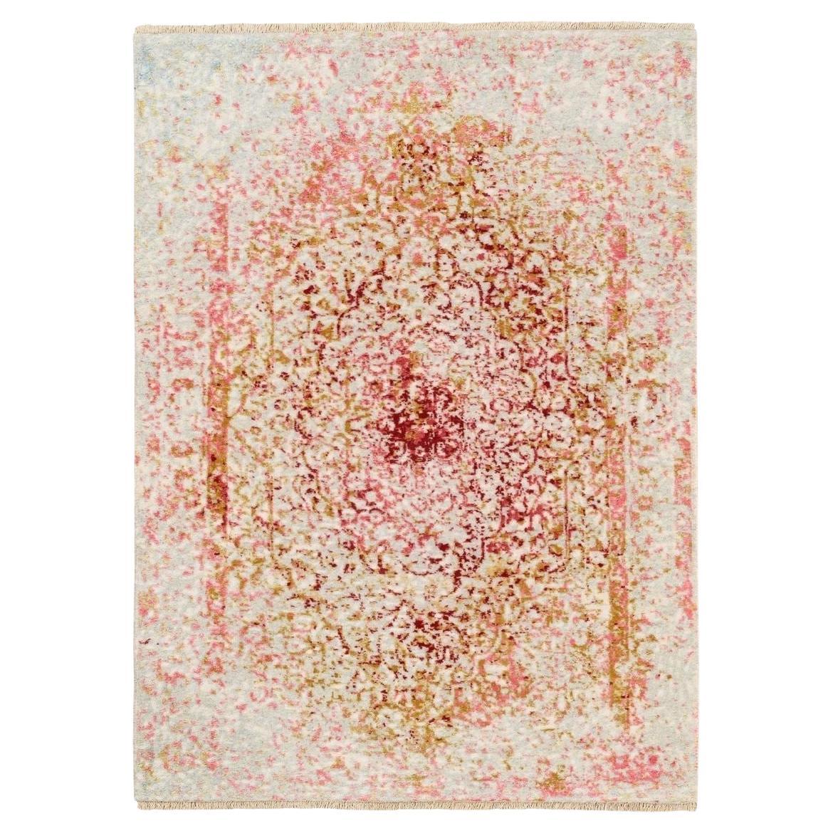 3'x4'10" Hand Knotted Pink Wool & Pure Silk Medallion Erased Persian Design Rug