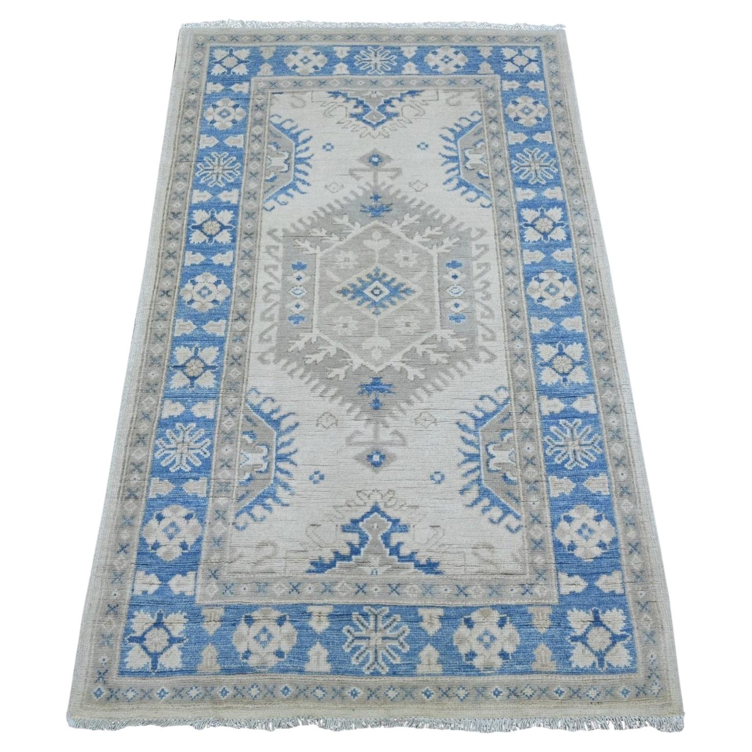 3'x4'10" Ivory Vintage Look Kazak with Geometric Motifs Hand Knotted Wool Rug