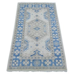 3'x4'10" Ivory Vintage Look Kazak with Geometric Motifs Hand Knotted Wool Rug