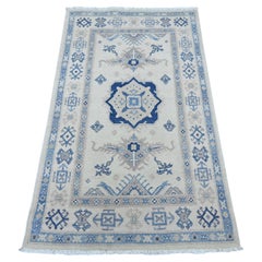 3'x4'10" Ivory Vintage Look Kazak with Medallions Hand Knotted Pure Wool Rug