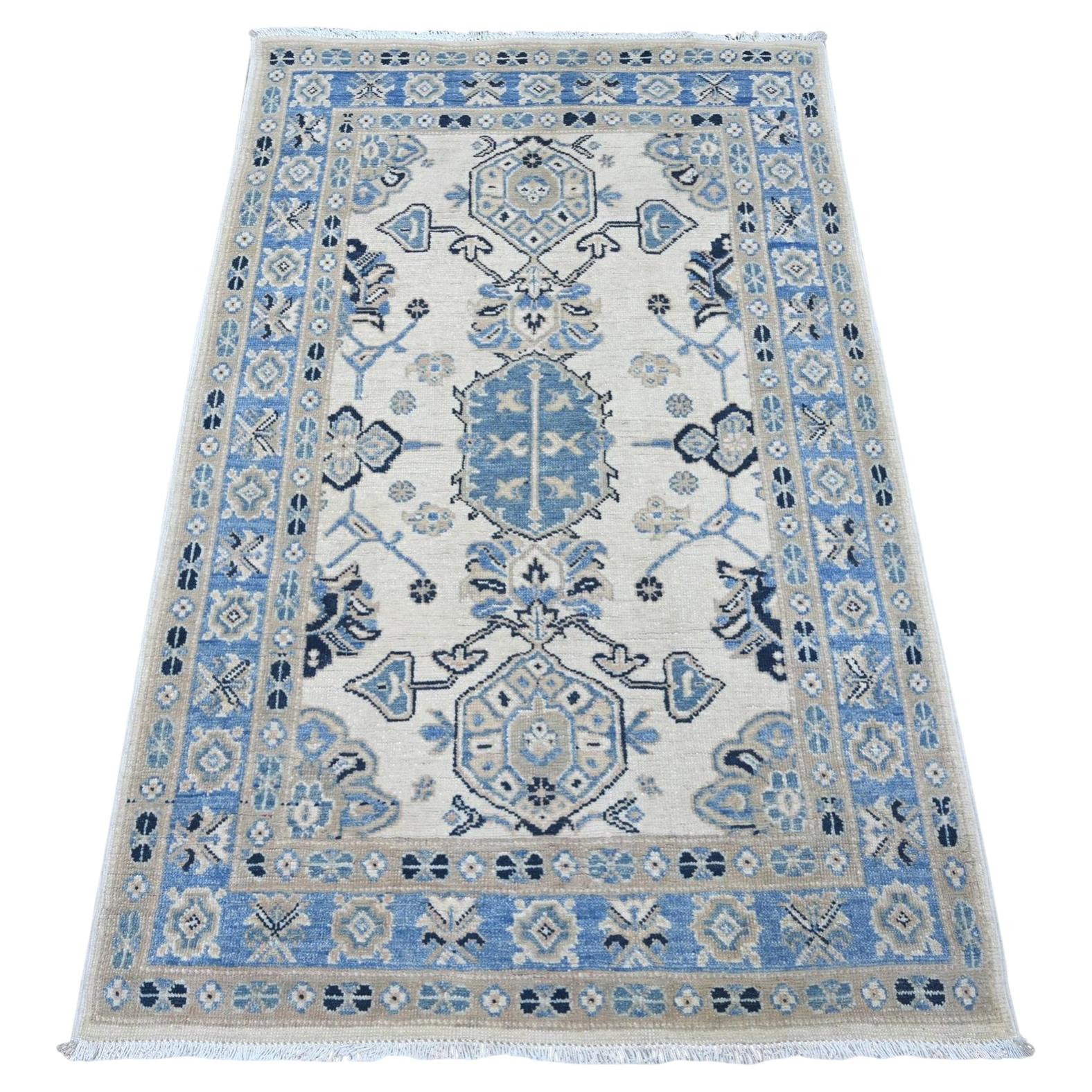 3'x4'10" Ivory Vintage Look Kazak with Tribal Design Hand Knotted Pure Wool Rug
