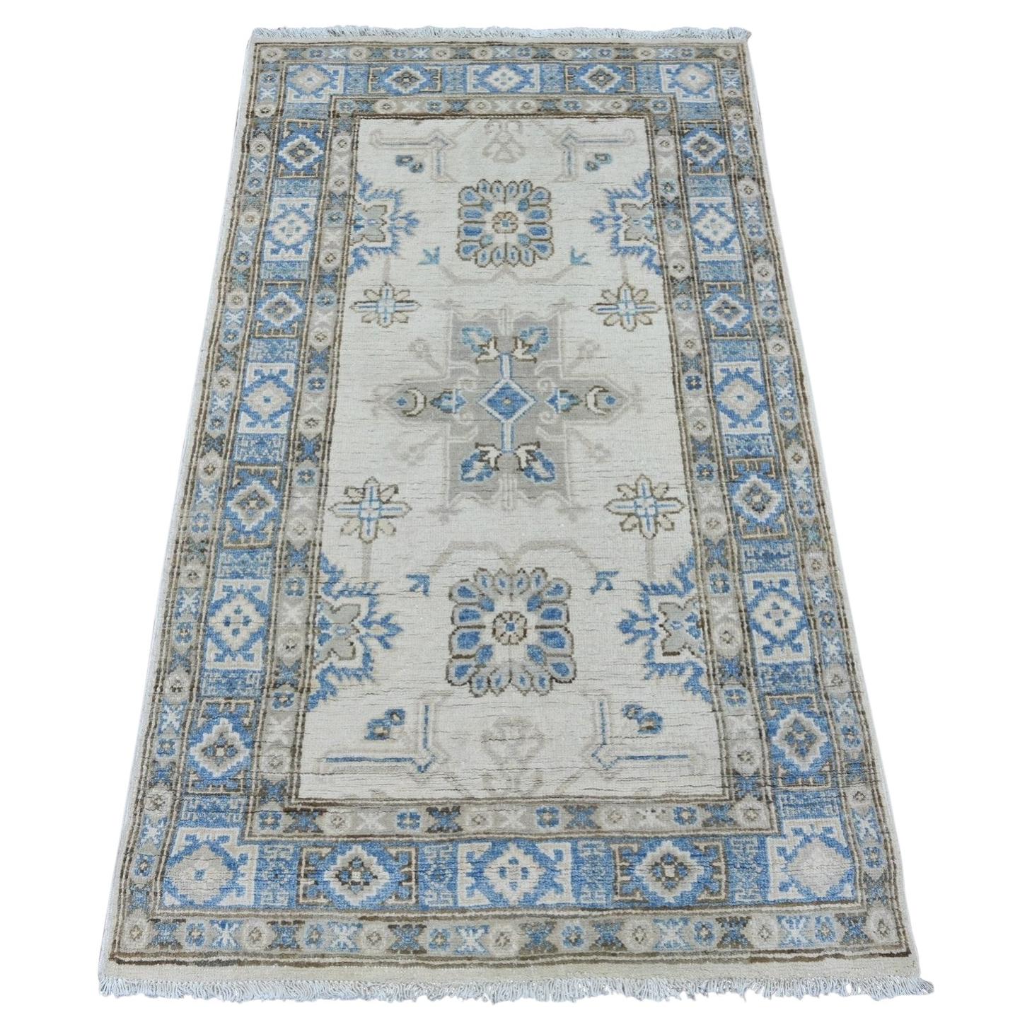 3'x4'10" Ivory Vintage Look Kazak with Tribal Medallion Hand Knotted Wool Rug