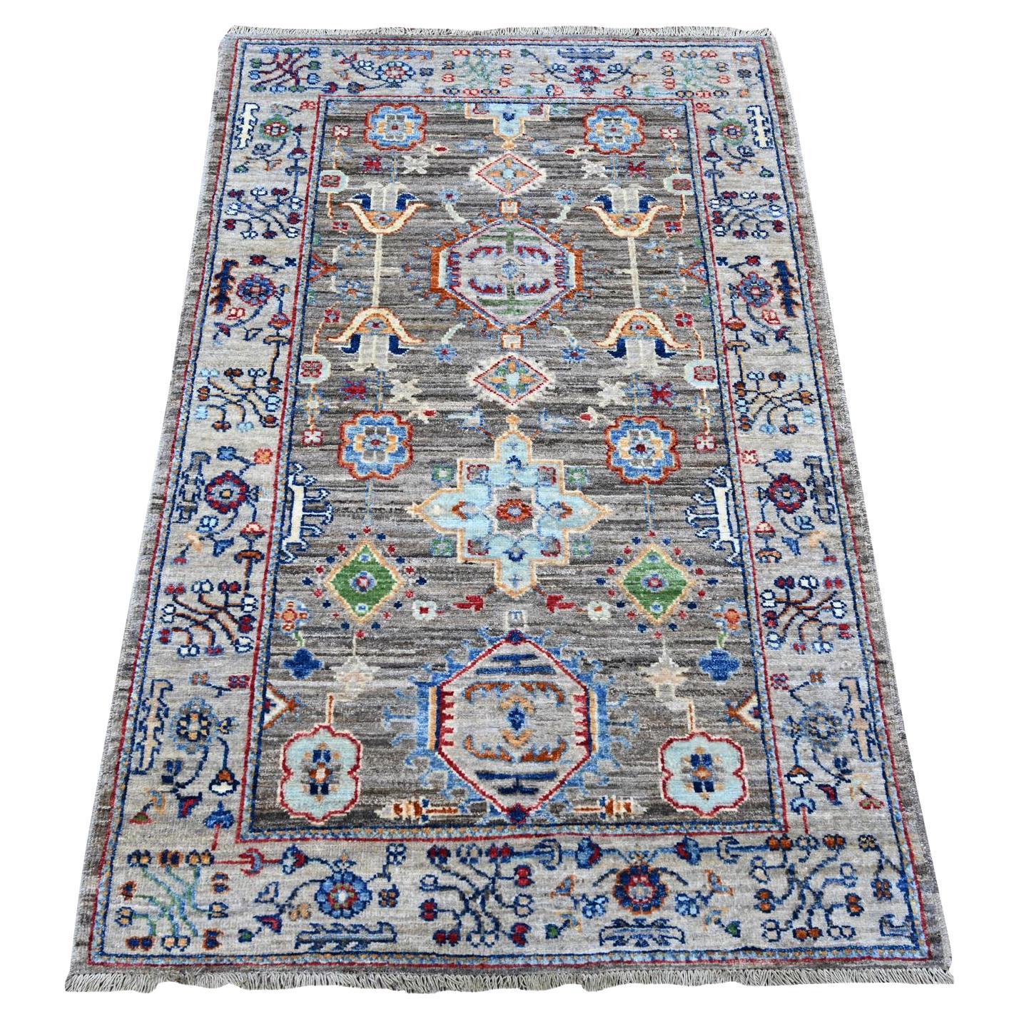 3
x4
10" Misty Gray Hand Knotted Karajeh Design Tribal Medallions Pure Wool Rug