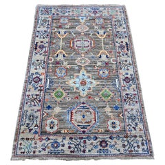 3
x4
10" Misty Gray Hand Knotted Karajeh Design Tribal Medallions Pure Wool Rug