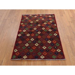 3'x4'10" Red Colorful Afghan Baluch with Geometric Design Hand Knotted Wool Rug