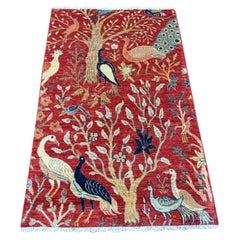 Tappeto in lana morbida annodato a mano 3'x4'10" rosso Peshawar con disegno Uccelli del Paradiso