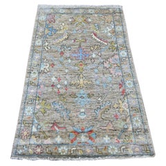 3'x4'10" Stone Gray Afghan Angora Oushak Leaf Design Hand Knotted Pure Wool Rug