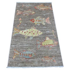 3'x4'10" Stone Gray Afghan Peshawar Oceanic Fish Design Hand Knotted Wool Rug