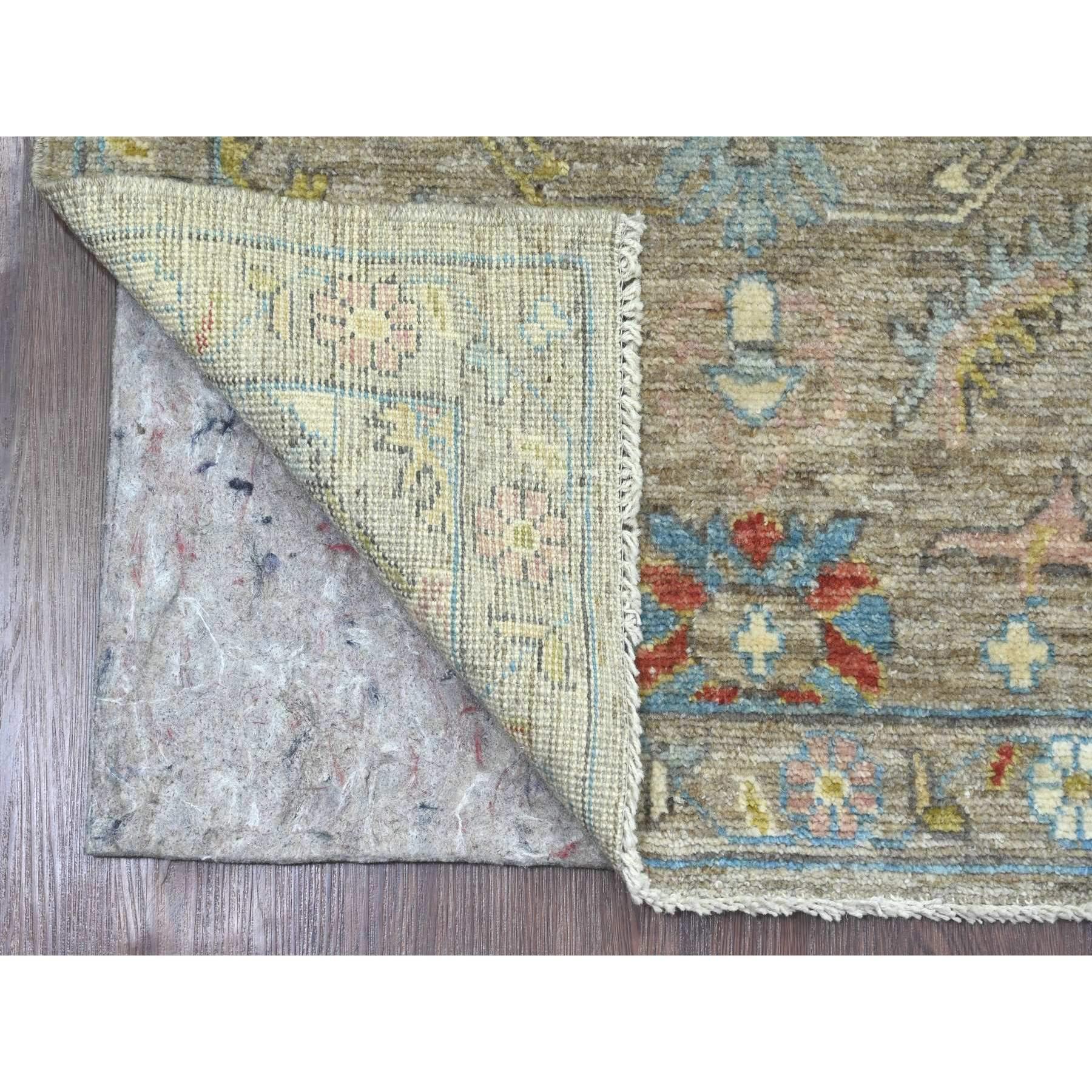 Stone Gray, Hand Knotted, Afghan Angora Oushak with Serrated Leaf Design, Vegetable Dyes, 100% Wool, Oriental Rug
Primary materials: Wool
Latex: No Pile 
height: 0.25 Inches
Style: Transitional
Primary color: Grey
Secondary colors: Pink, Blue,