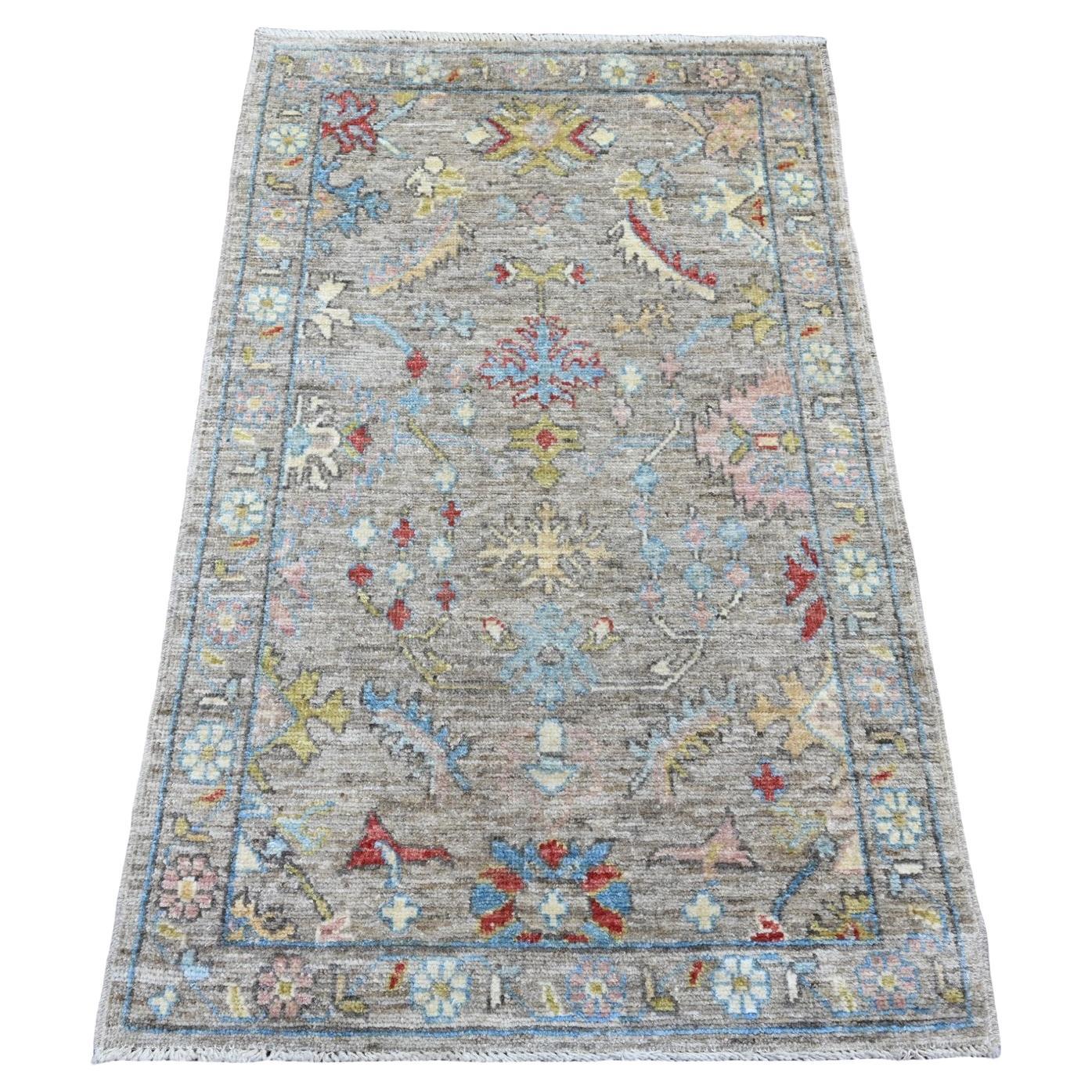 3'x4'10" Stone Gray Hand Knotted Afghan Angora Oushak Leaf Design Pure Wool Rug