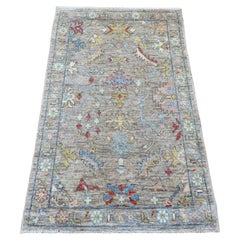 3'x4'10" Stone Gray Hand Knotted Afghan Angora Oushak Leaf Design Pure Wool Rug