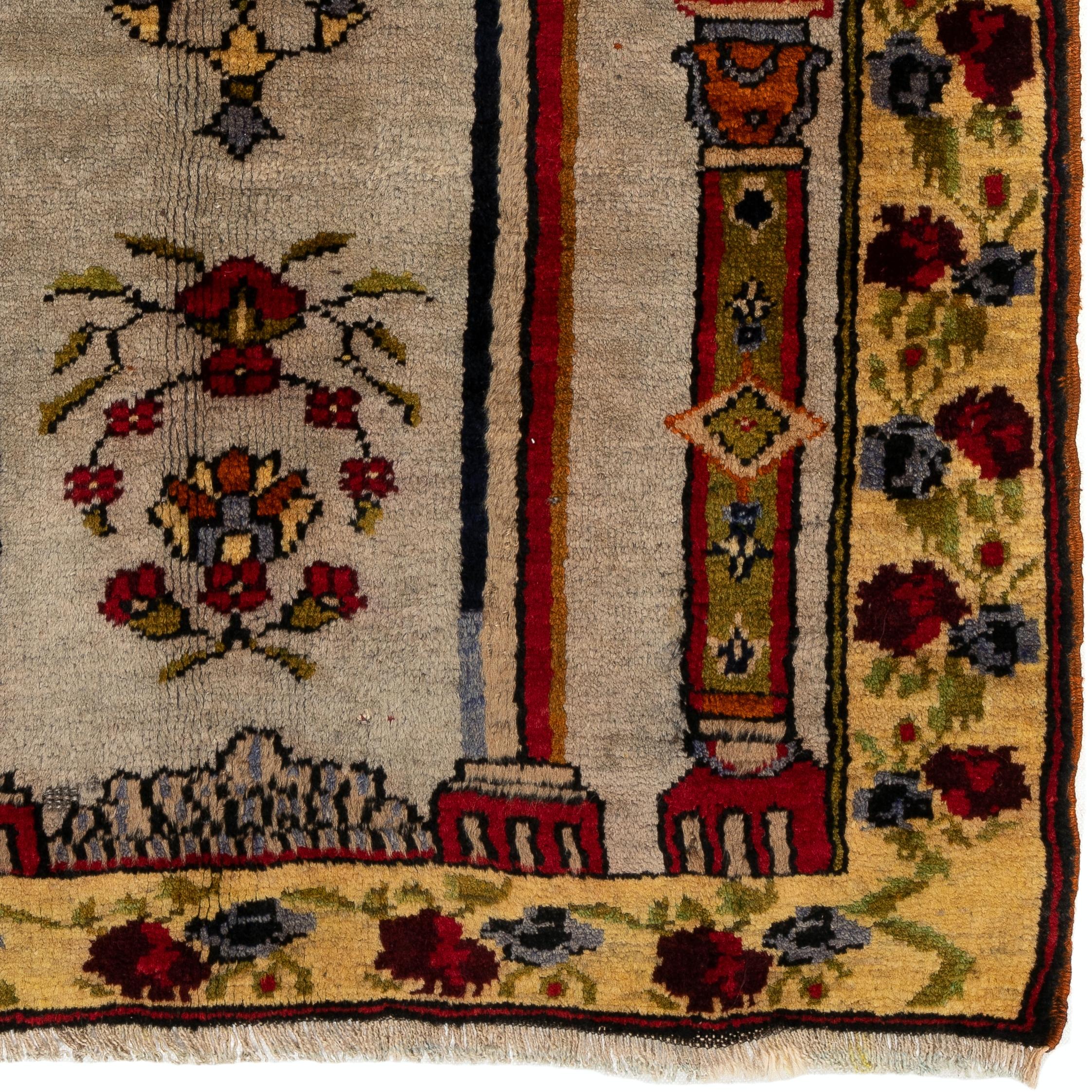 Vintage Turkish scatter rug. Finely hand-knotted with even medium wool pile on wool foundation. Very good condition. Sturdy and as clean as a brand new rug (deep washed professionally). 
Measures: 3.1 x 4.3 ft.  
  