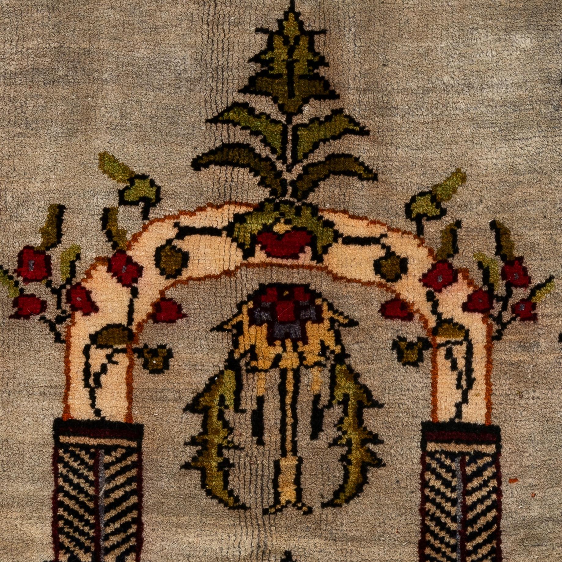 Islamic 3x4.3 Ft Vintage Turkish Wool Prayer Rug depicting an Archway, Columns & Flowers For Sale