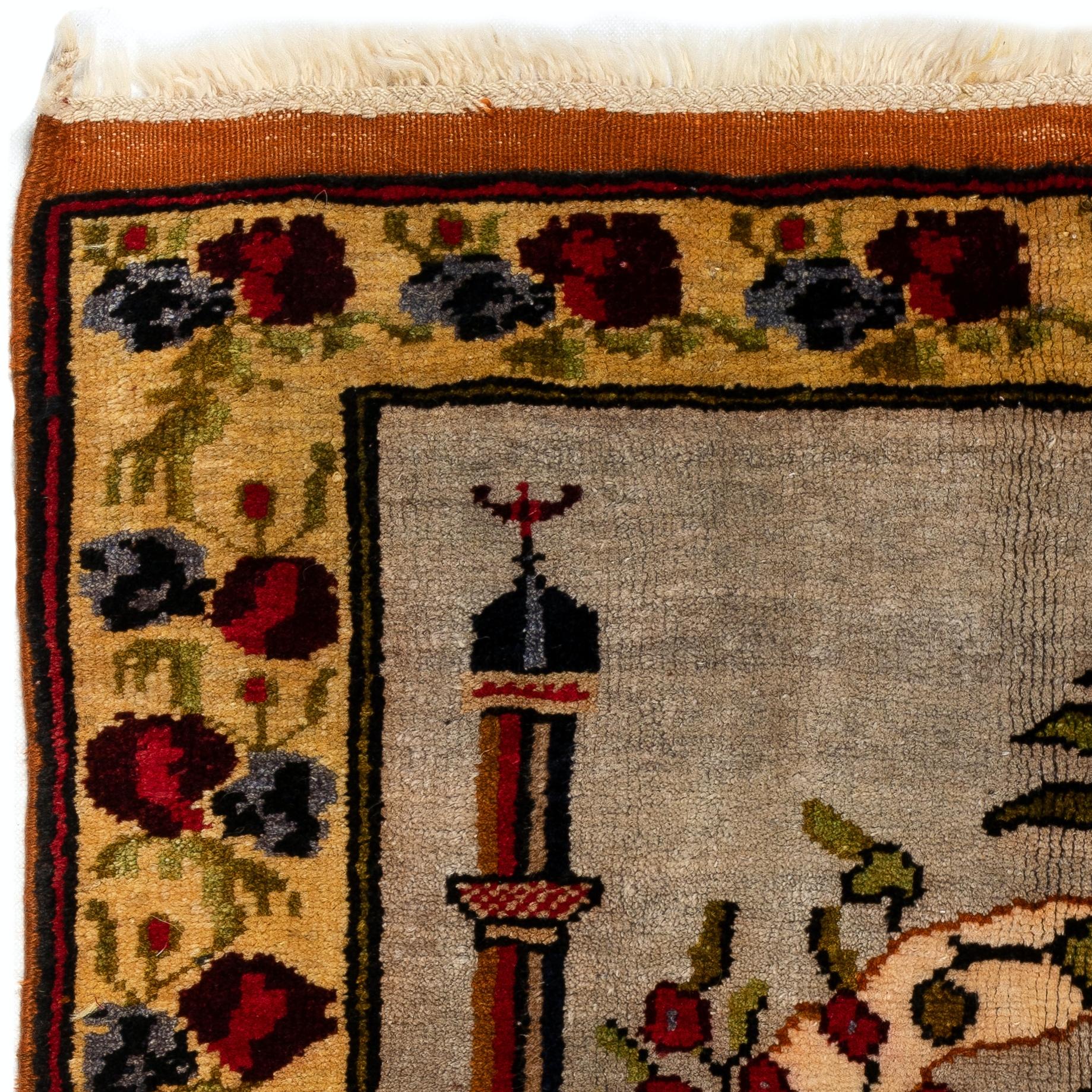 Hand-Knotted 3x4.3 Ft Vintage Turkish Wool Prayer Rug depicting an Archway, Columns & Flowers For Sale