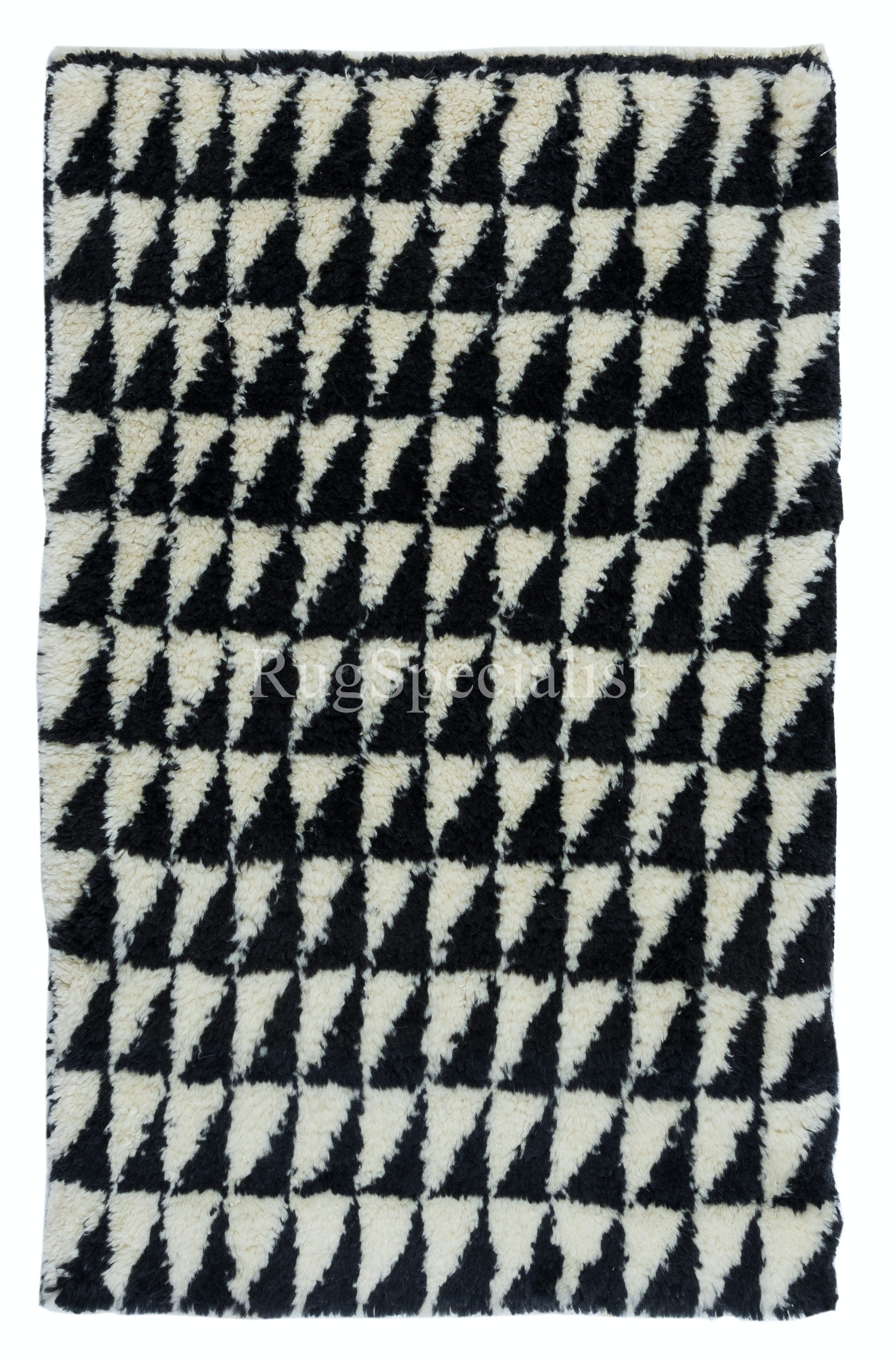 3x4.4 Ft Handmade Triangle Motif Shaggy Tulu Rug Made of Black & Beige Wool
