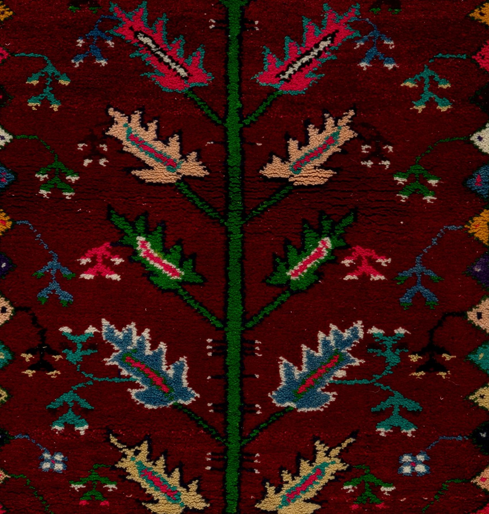Alfombra Acentuada de Lana Turca Vintage Hecha a Mano de 3x4,5 Pies en Granate, Beige, Azul y Rosa Tejido a mano en venta