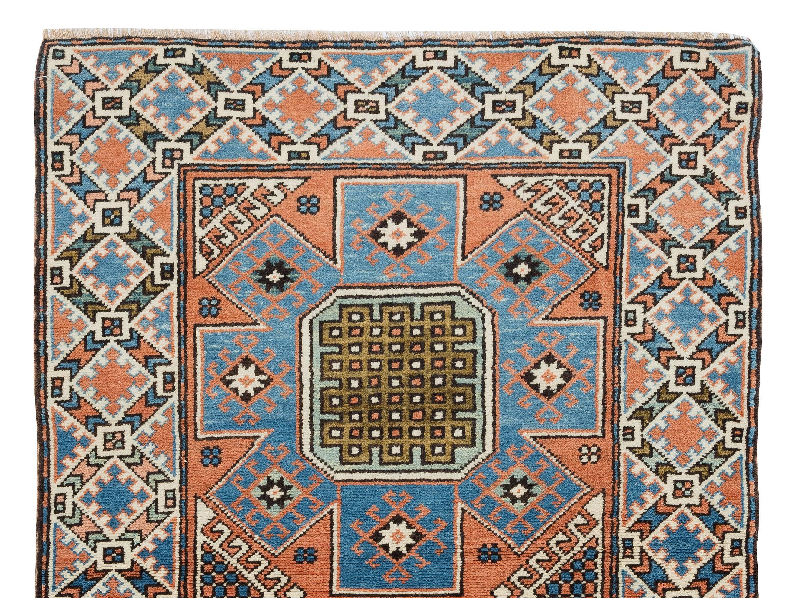 Hand-Woven 3x4.6 Ft Vintage Handmade Geometric Turkish Accent Rug, Woolen Floor Covering For Sale