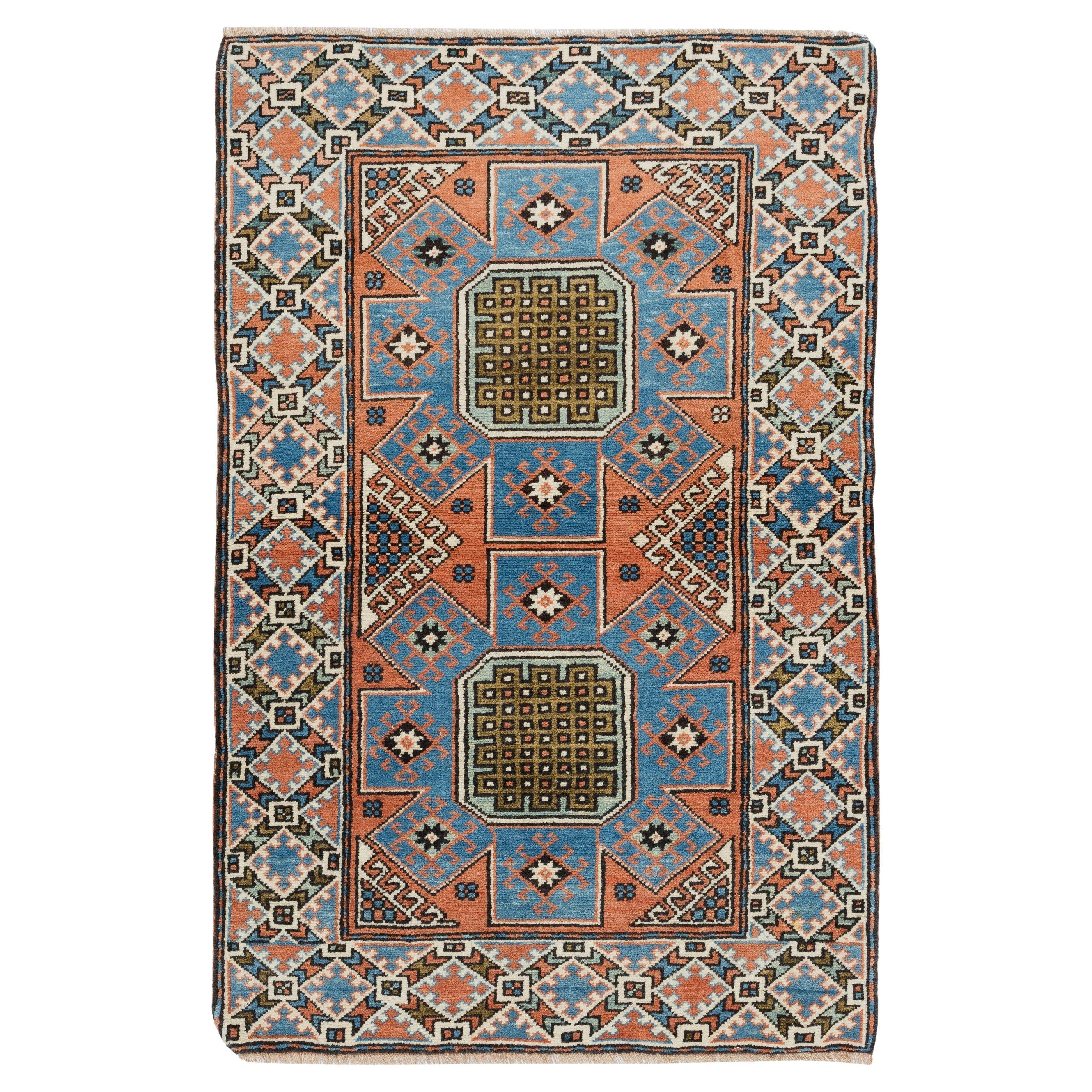 3x4.6 Ft Vintage Handmade Geometric Turkish Accent Rug, Woolen Floor Covering For Sale