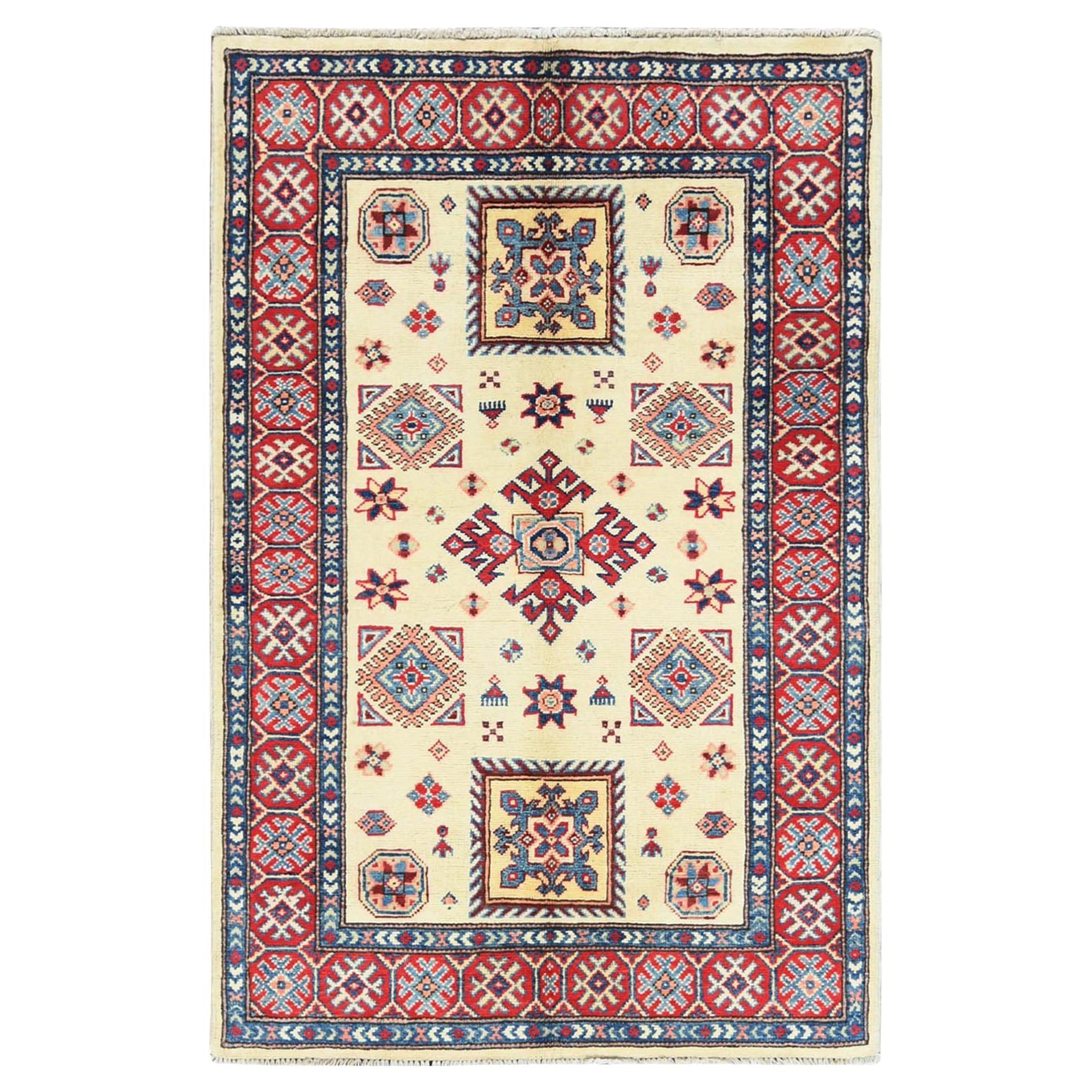 3
x4
7" Afghan Special Kazak, Natural Wool, Hand Knotted, Ivory, Oriental, Rug