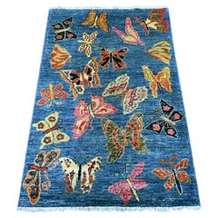 3'x4'7" Blue Afghan Peshawar Colorful Butterfly Design Wool Hand Knotted Rug