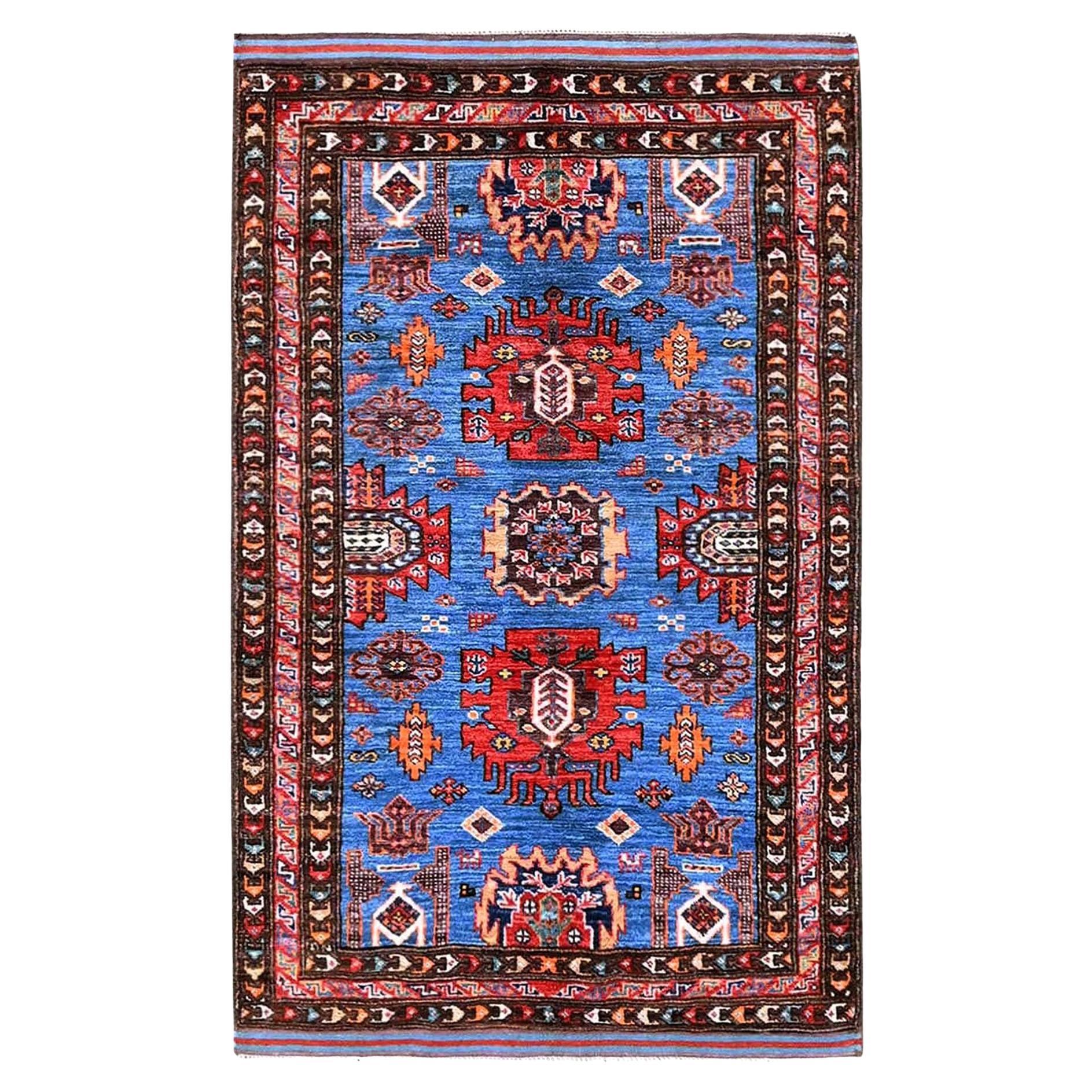 3'x4'8" Blue Afghan Ersari with Caucasian Design Revival Hand Knotted Wool Rug