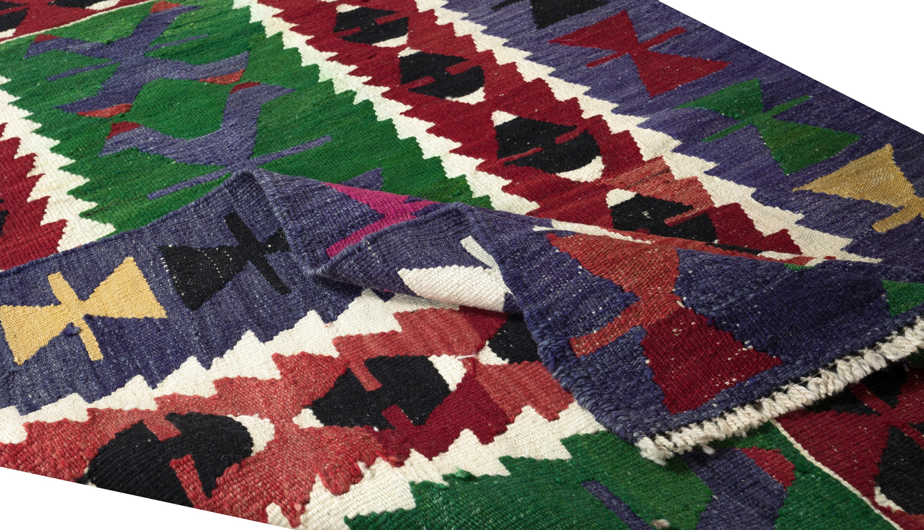 3x4.8 Ft Vintage Geometrischer türkischer Wollkilim 'Flat-Weave', farbenfroher Akzent-Teppich, Vintage (Kelim) im Angebot