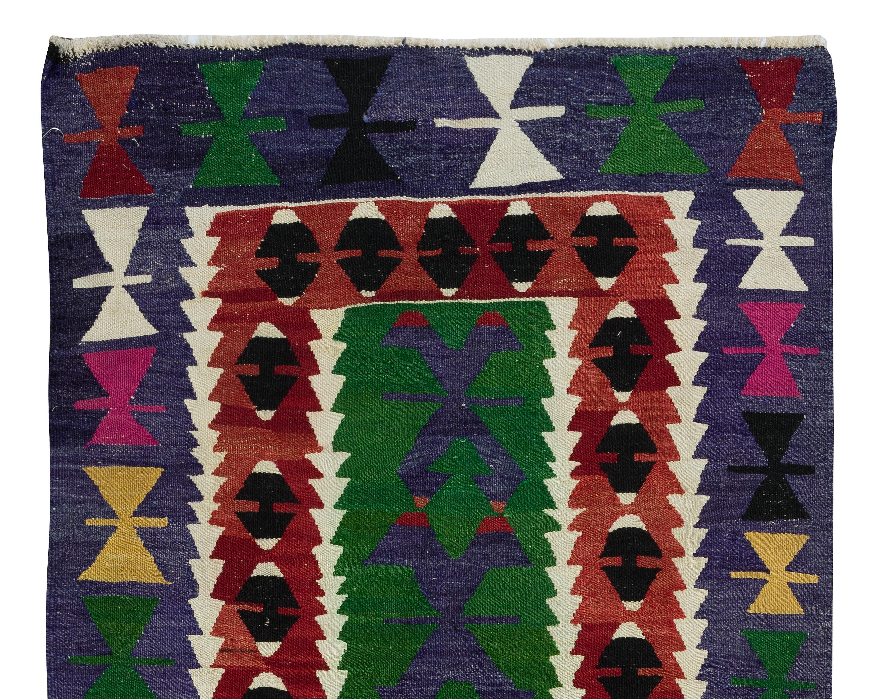 3x4.8 Ft Vintage Geometrischer türkischer Wollkilim 'Flat-Weave', farbenfroher Akzent-Teppich, Vintage (Türkisch) im Angebot