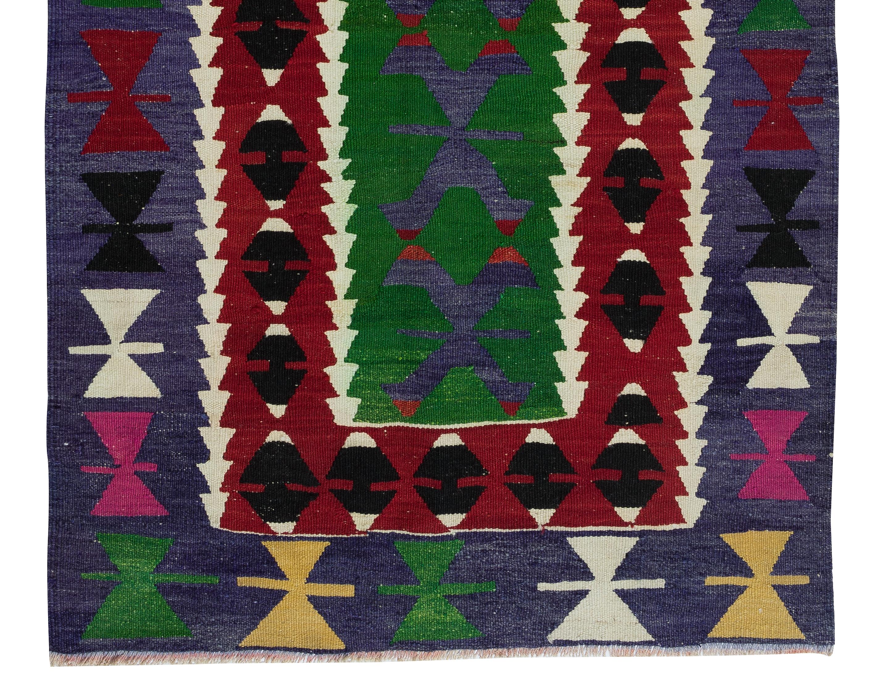 3x4.8 Ft Vintage Geometrischer türkischer Wollkilim 'Flat-Weave', farbenfroher Akzent-Teppich, Vintage (Handgewebt) im Angebot