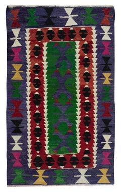 3x4,8 Ft Vintage Geometrischer türkischer Wollkilim 'Flat Weave', farbenfroher Akzent-Teppich, Vintage