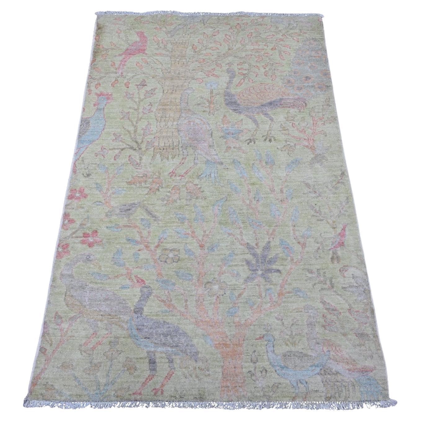 3'x4'8" Green Afghan Peshawar Birds of Paradise Design Hand Knotted Wool Rug