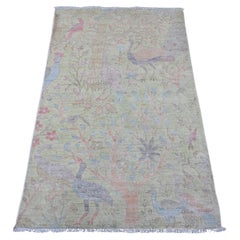 3'x4'8" Green Afghan Peshawar Birds of Paradise Design Hand Knotted Wool Rug