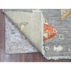 3'x4'8" Spanish Gray Afghan Peshawar Fish Design Hand Knotted Pure Wool Rug