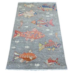 3'x4'8" Spanish Gray Afghan Peshawar Fish Design Hand Knotted Pure Wool Rug