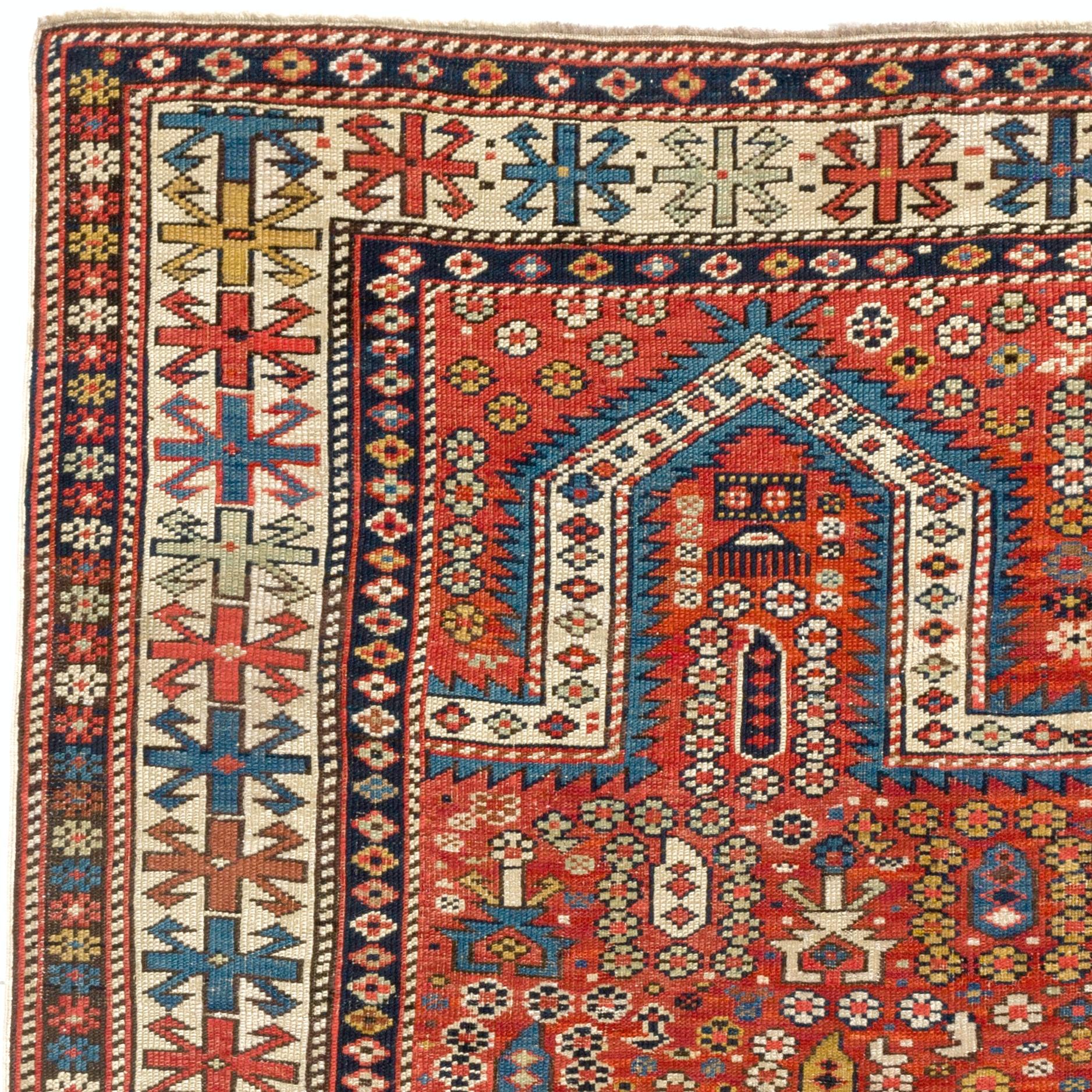Antique Caucasian Shirvan prayer rug. Finely hand-knotted with even medium wool pile on wool foundation. 
Very good condition. Sturdy and as clean as a brand new rug (deep washed professionally). Measures: 3' x 4'9''.