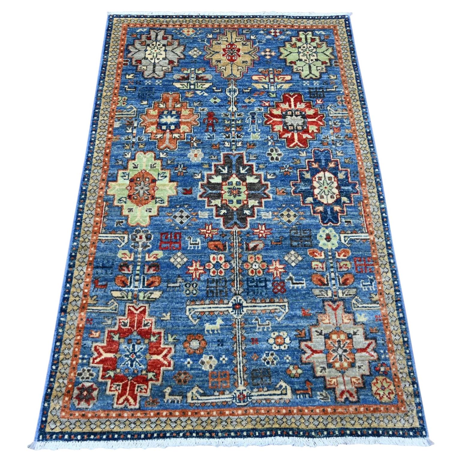 3'x4'9" Blue Afghan Ersari with Caucasian Design Revival Hand Knotted Wool Rug