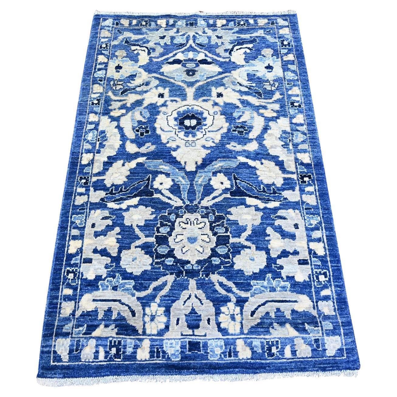 3'x4'9" Blue Densely Woven Peshawar Mahal Design Wool Hand Knotted Rug For Sale