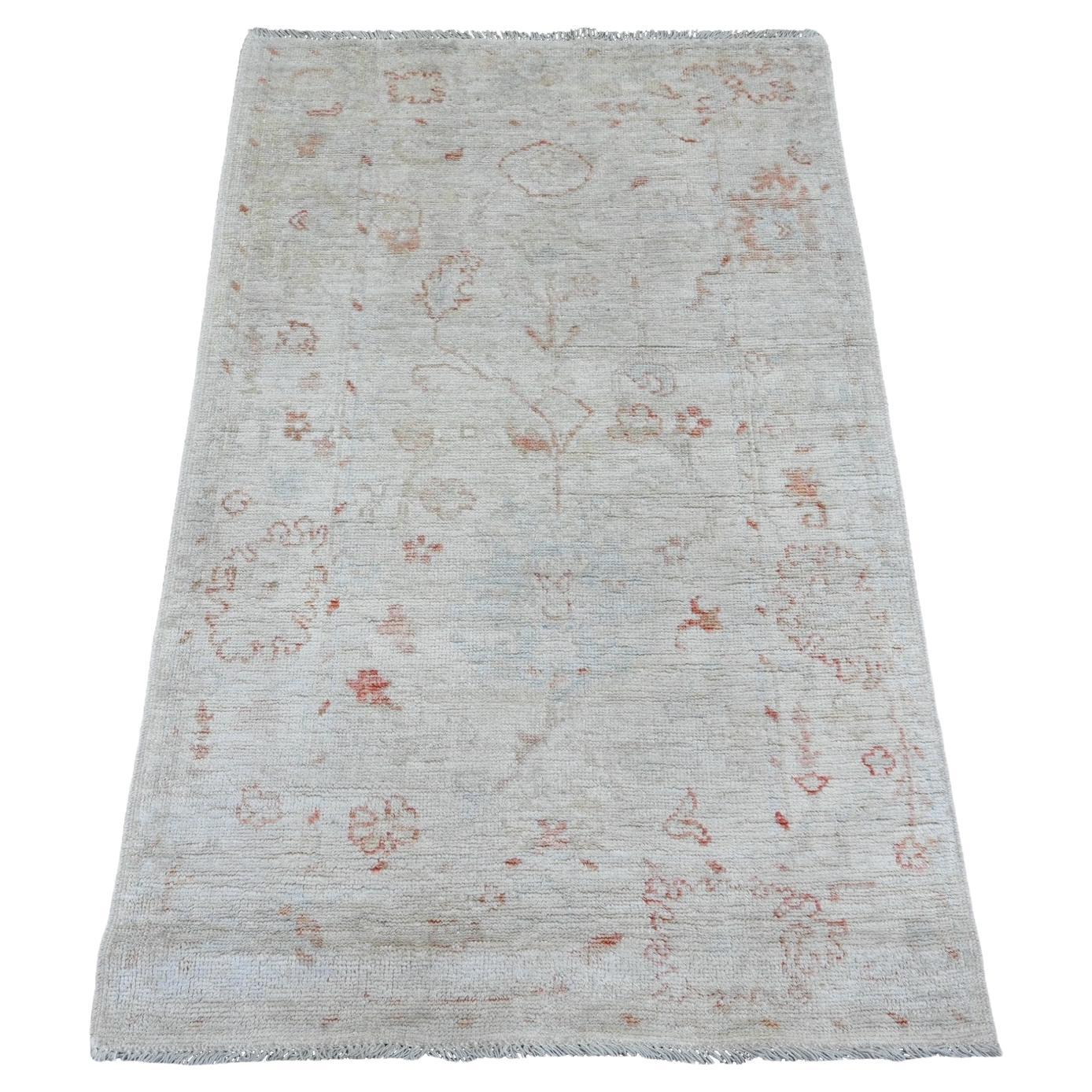3'x4'9" Bone White Leaf Motif Angora Oushak Hand Knotted All Wool Oriental Rug For Sale
