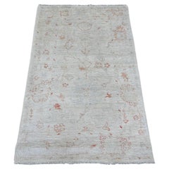 3'x4'9" Bone White Leaf Motif Angora Oushak Hand Knotted All Wool Oriental Rug