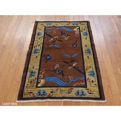 3'x4'9" Brown Antique Chinese Art Deco Good Condition Hand Knotted Wool Rug