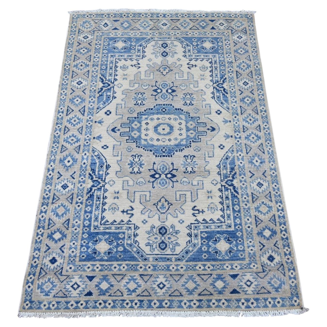 3'x4'9" Ivory Vintage Look Kazak with Geometric Pattern Hand Knotted Wool Rug