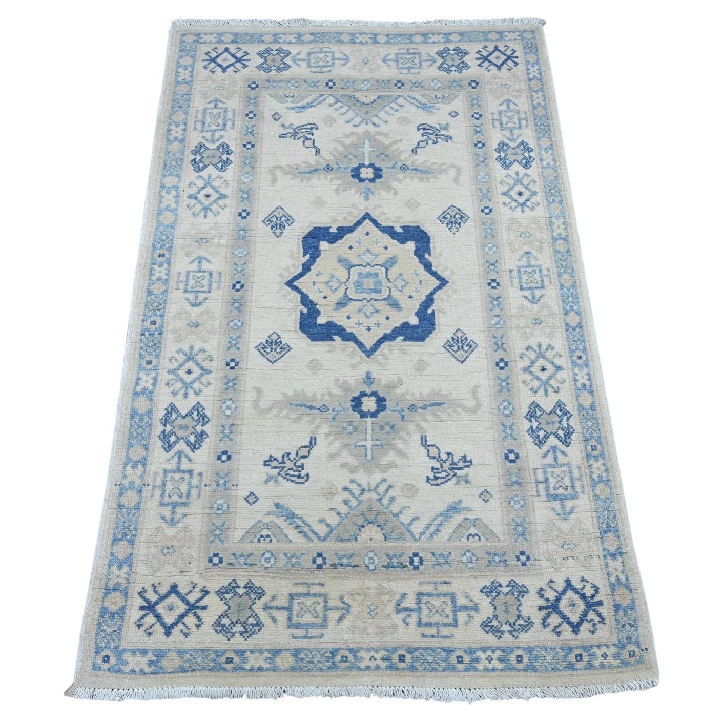 3'x4'9" Ivory Vintage Look Kazak with Medallion Hand Knotted Pure Wool Mat Rug For Sale