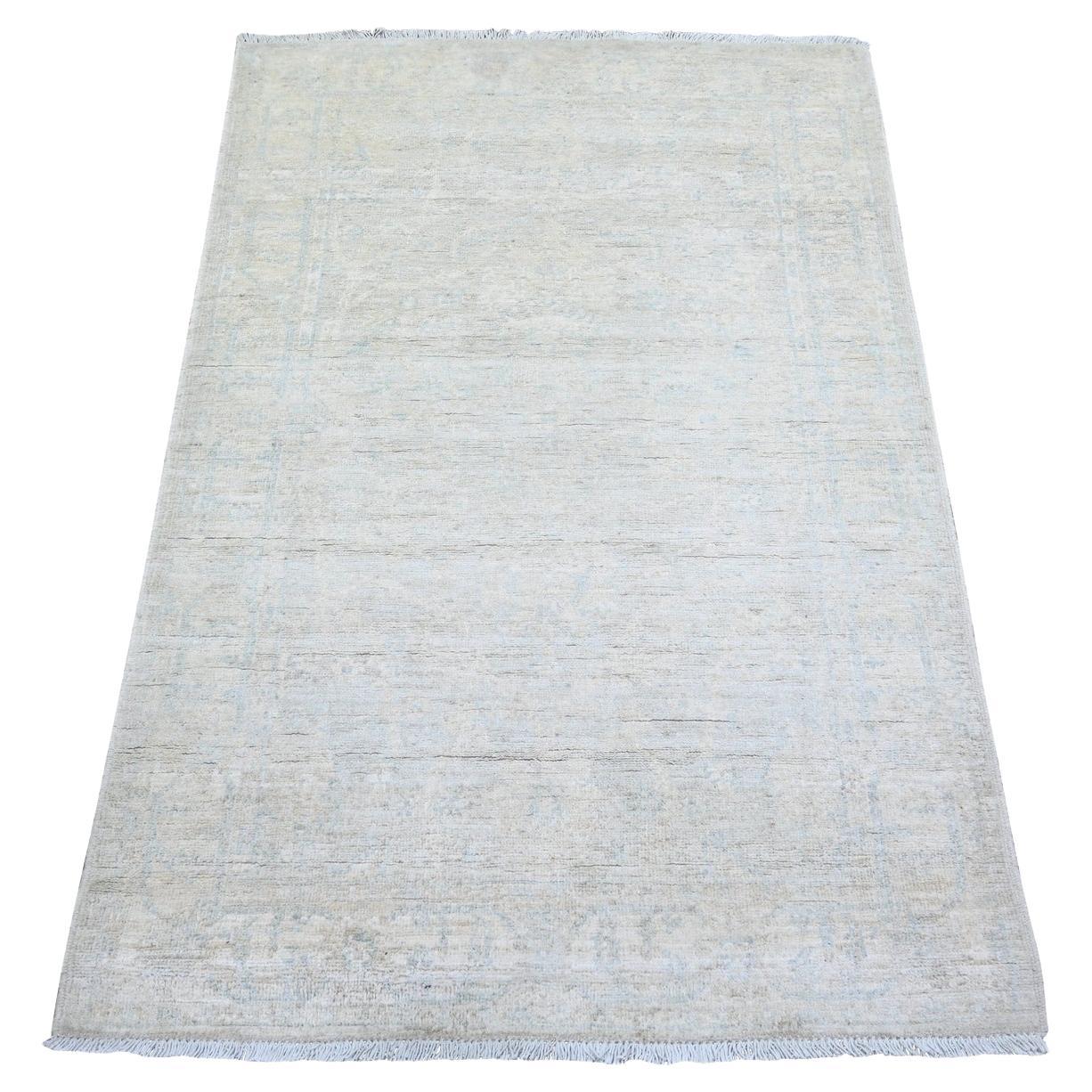 3'x4'9" Weißer Wash Peshawar Wolle Handgeknüpfter Orientteppich