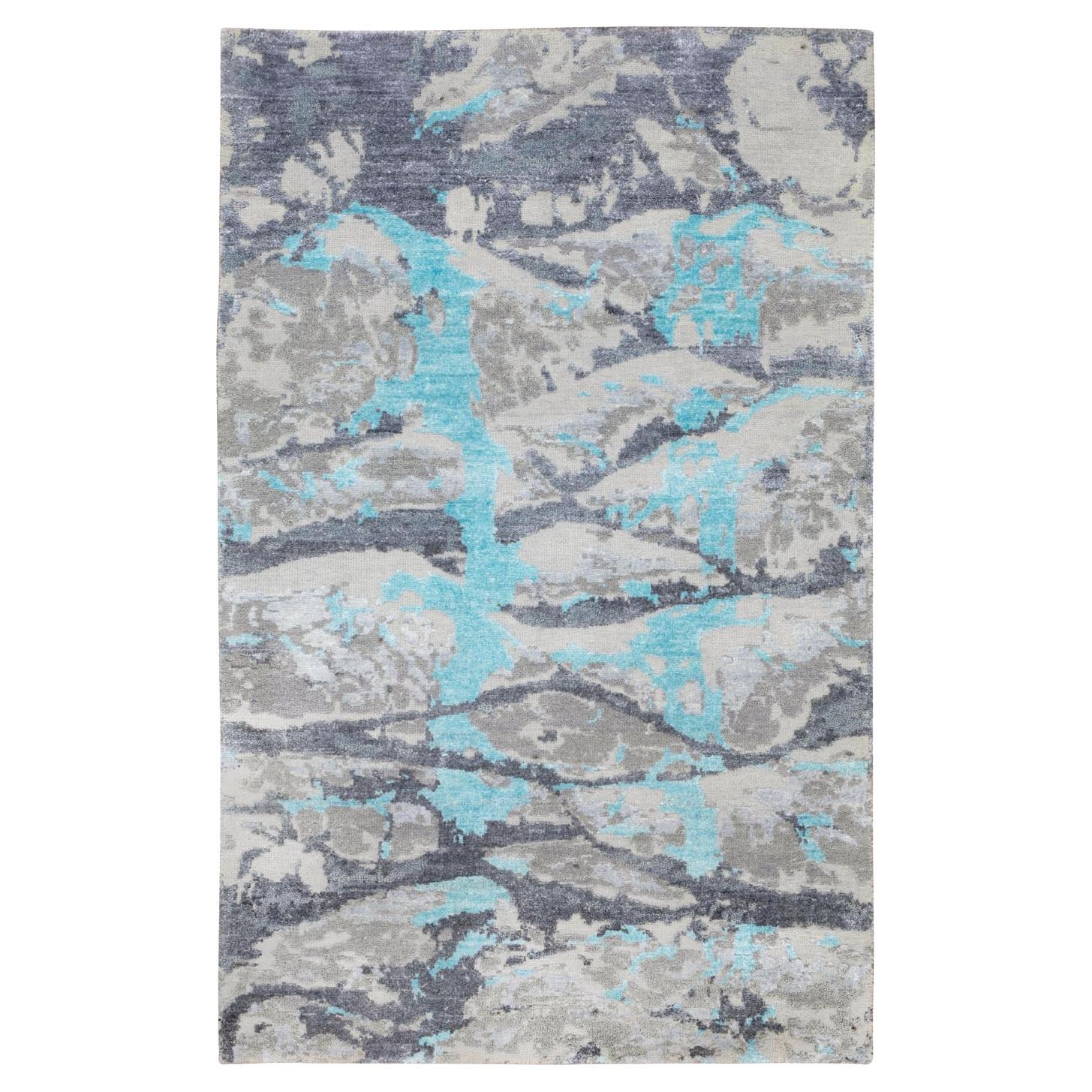 3'x5' Aquamarine Modern Design Wool And Silk Hand Knotted Oriental Rug