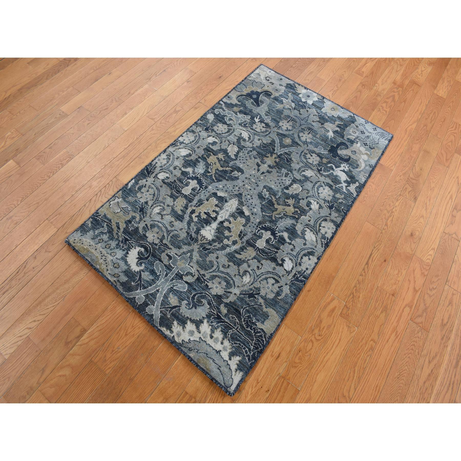 Arsenic Gray, Hand Knotted, Silk with Textured Wool, Blossom Design, Oriental Rug
Primary materials: Wool & Silk
Latex: No Pile 
height: 0.25 Inches
Style: Transitional
Primary color: Grey
Secondary colors: Ivory, Battleship Gray, Copper