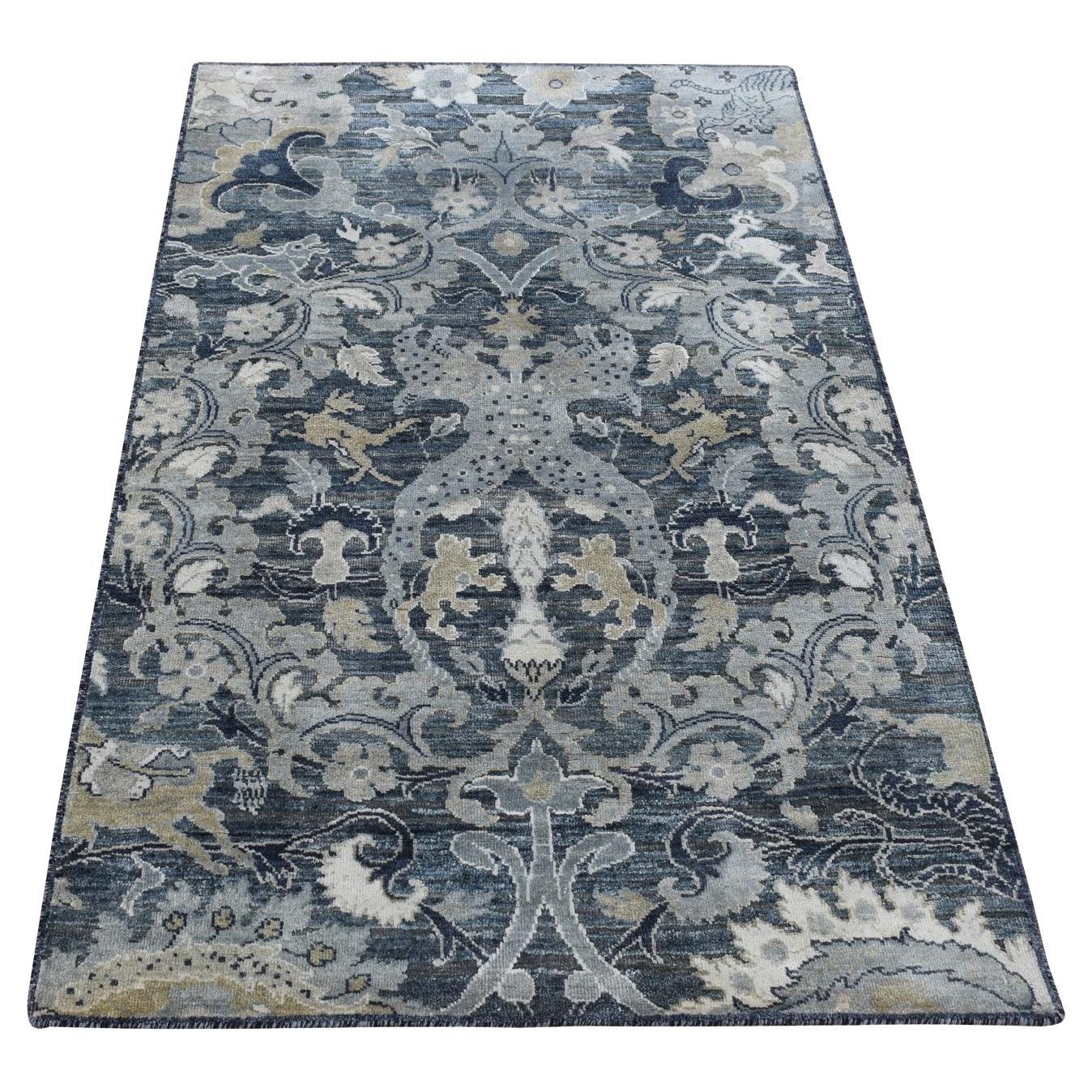 3'x5' Arsenic Gray Hand Knotted Silk with Wool Blossom Design Rug