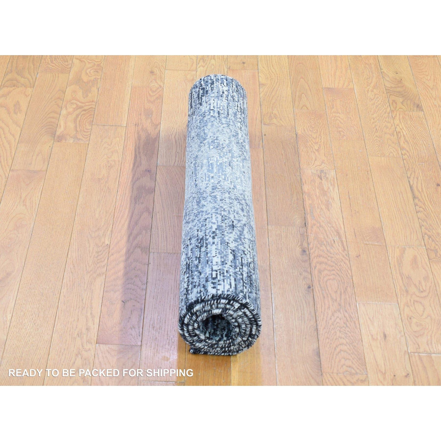3'x5' Schwarz Reine Seide und Wolle Modernes Design Handgeknüpft Matte Teppich im Angebot 2