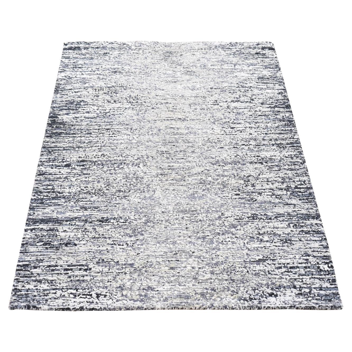3'x5' Schwarz Reine Seide und Wolle Modernes Design Handgeknüpft Matte Teppich